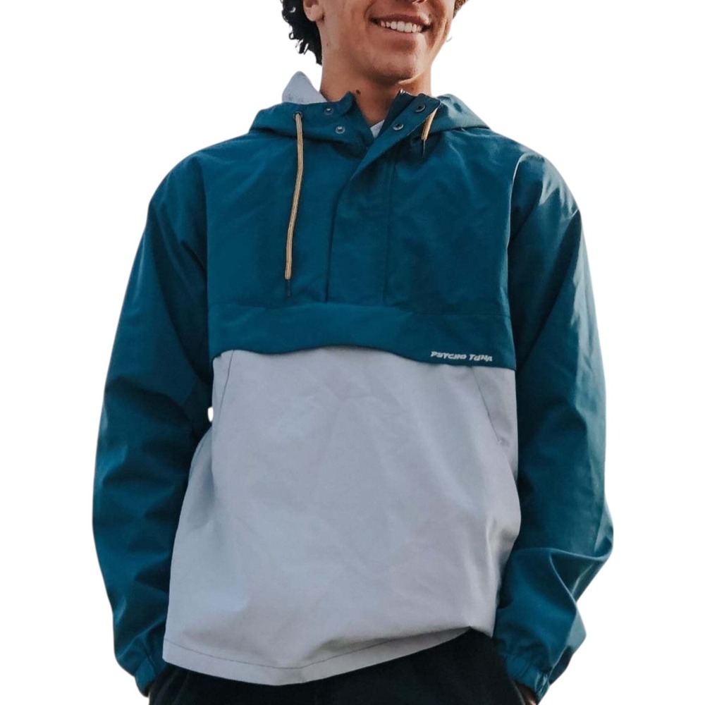 Psycho Tuna Mens Anorak Pullover Jacket Teal Gray Colorblock Half‎ Zip Hooded L